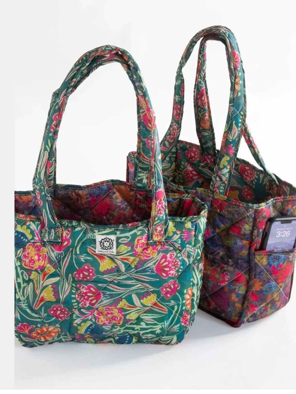 Natural Life Reversible Puffy Tote Bag Nylon Grocery Gym Bag